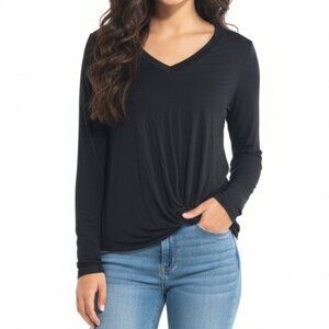 mts Small Black V-Neck Long Sleeve Twist Front Top
